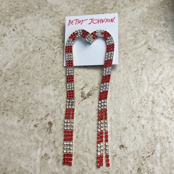 Betsey Johnson Candy Cane Rhinestone Dangle Earrings NEW - Picture 1 of 6